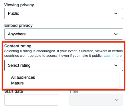 Captura de pantalla de la página de configuración en directo. Las opciones de esta página son "Privacidad de visualización", "Privacidad de incrustación" y "Clasificación de contenidos". Cada uno tiene un menú desplegable para seleccionar una opción para cada uno. En "Clasificación Cotent" puede seleccionar "Todos los públicos" o "Maduro".