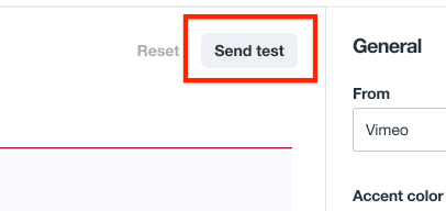 이메일 페이지 상단에 있는 테스트 전송 버튼이 강조 표시된 스크린샷.