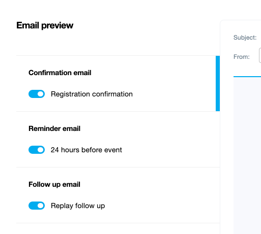 Capture d'écran montrant les trois options d'e-mail de webinaire : confirmation, rappel et suivi.