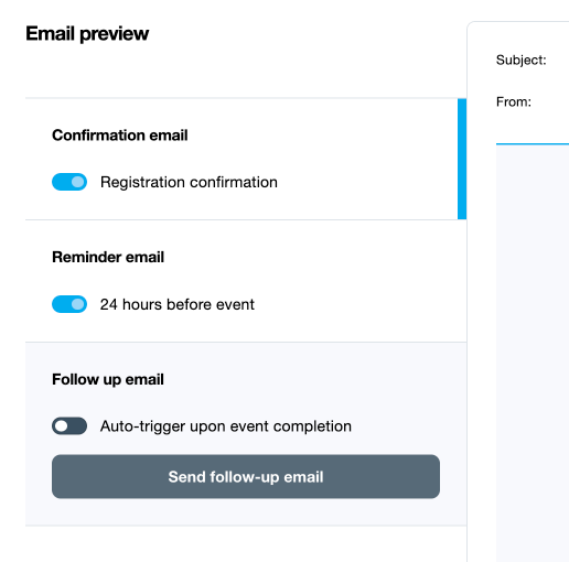 세 가지 이메일 유형이 있는 패널에서 팔로우업 이메일이 선택되어 있고 해당 토글이 꺼진 상태의 스크린샷. 그 아래에 팔로우업 이메일 전송하기 버튼이 표시됩니다.